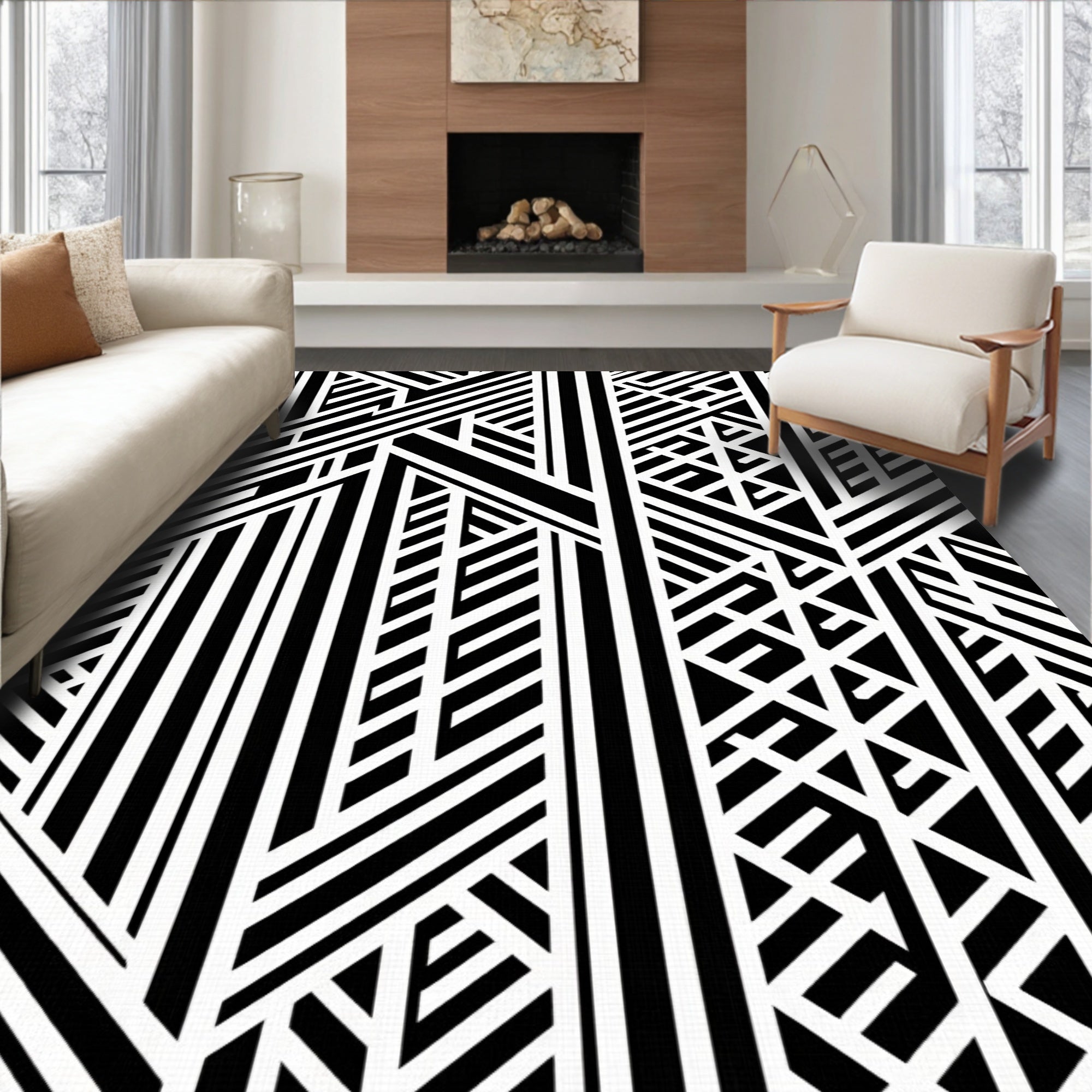 Abstract Black White Geometric Pattern Rug
