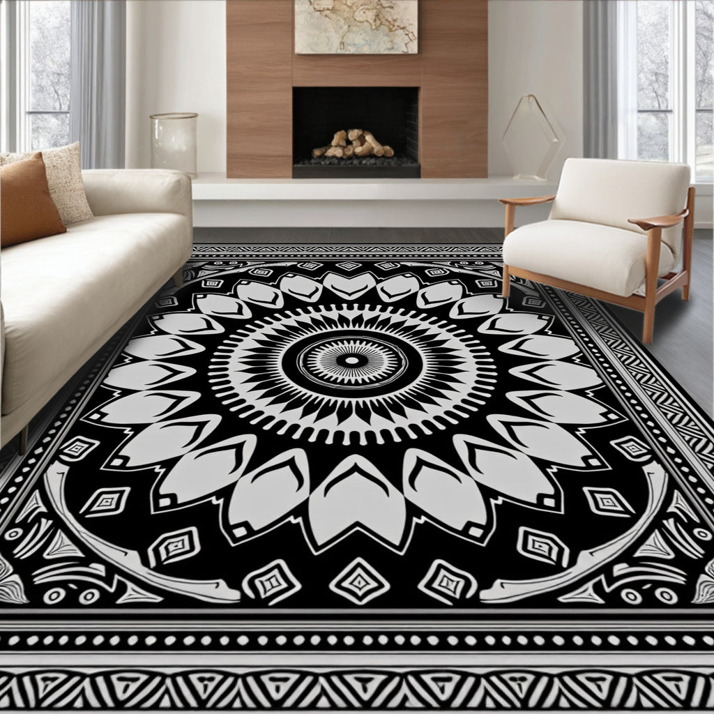 Black White Mandala Geometric Design Rug