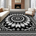 Black White Mandala Geometric Design Rug