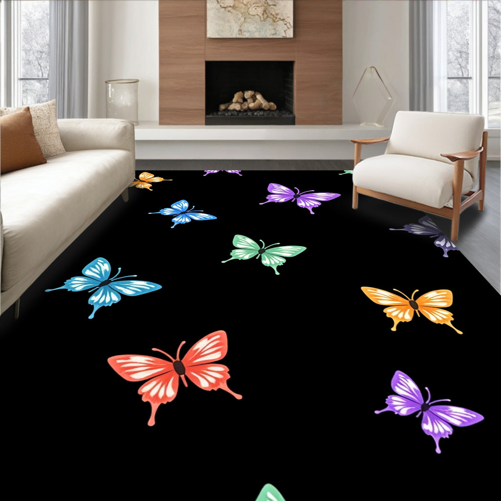 Colorful Butterflies on Black Background Pattern Rug