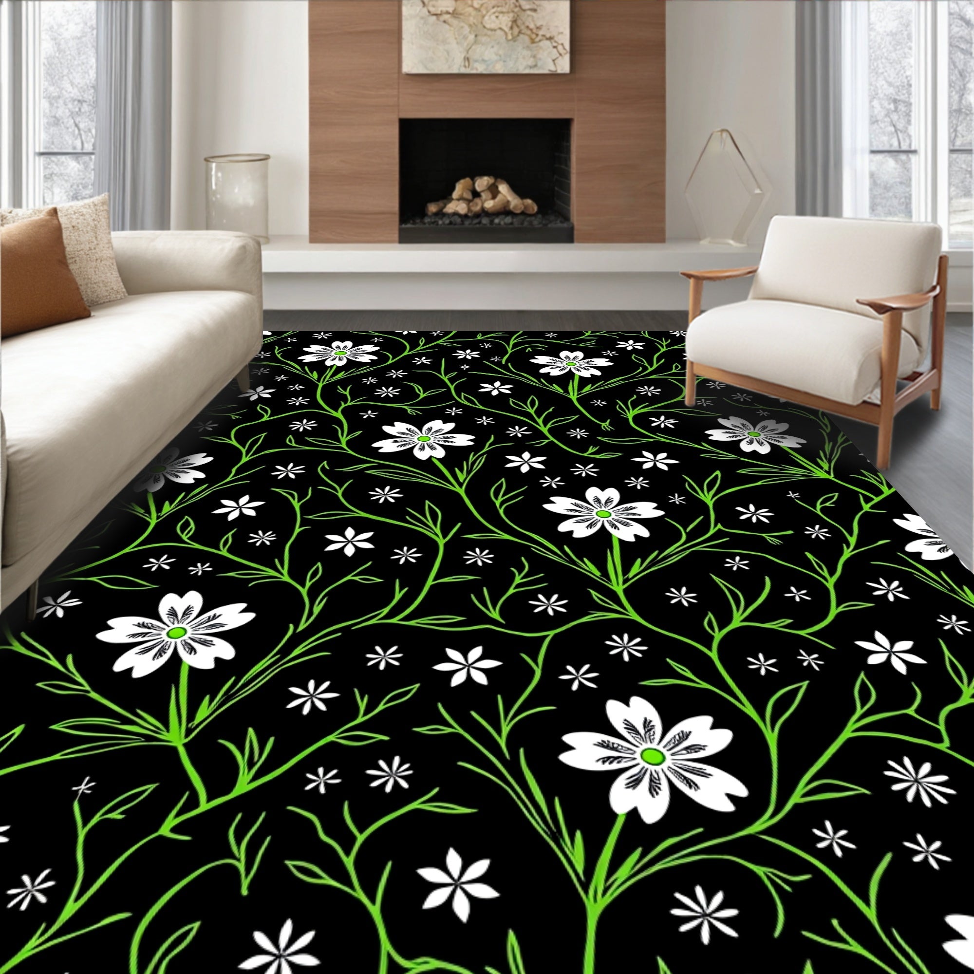 Black Floral Vine Pattern Rug