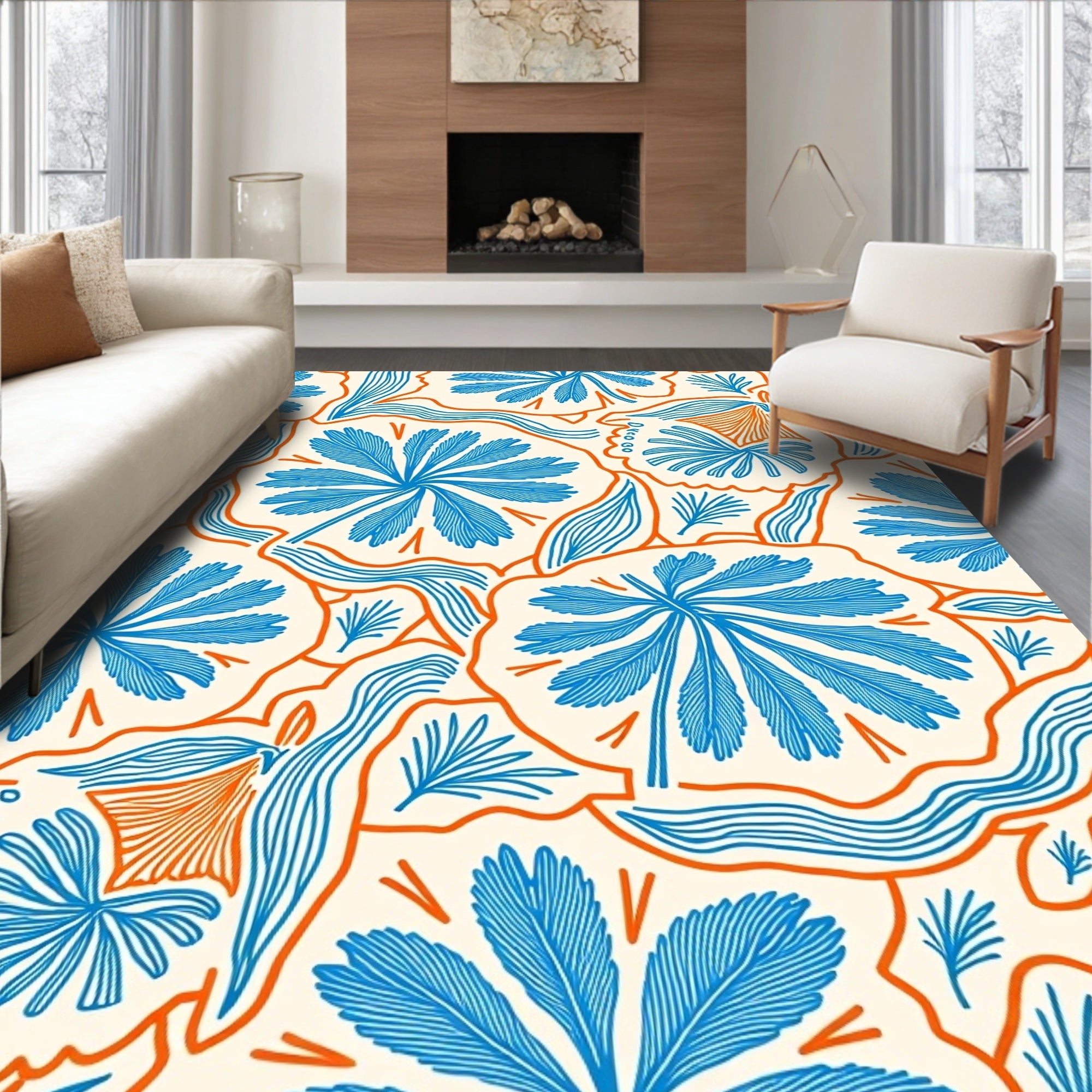 Blue Orange Abstract Floral Pattern Rug