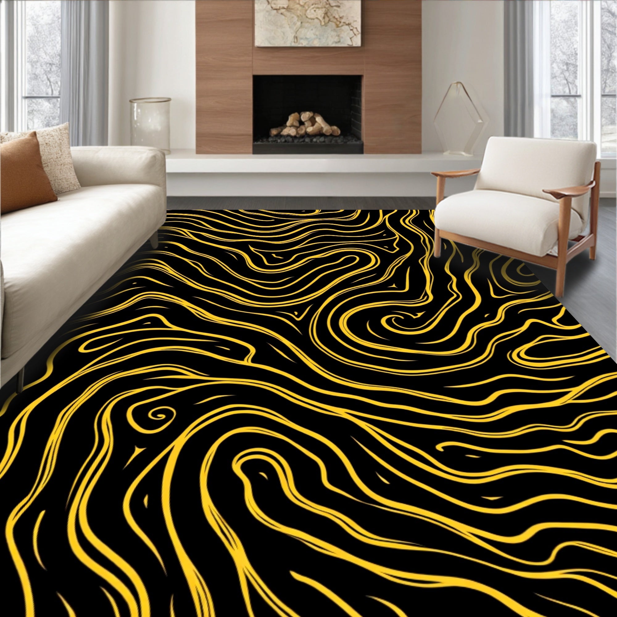Bold Yellow Swirl Flow Rug