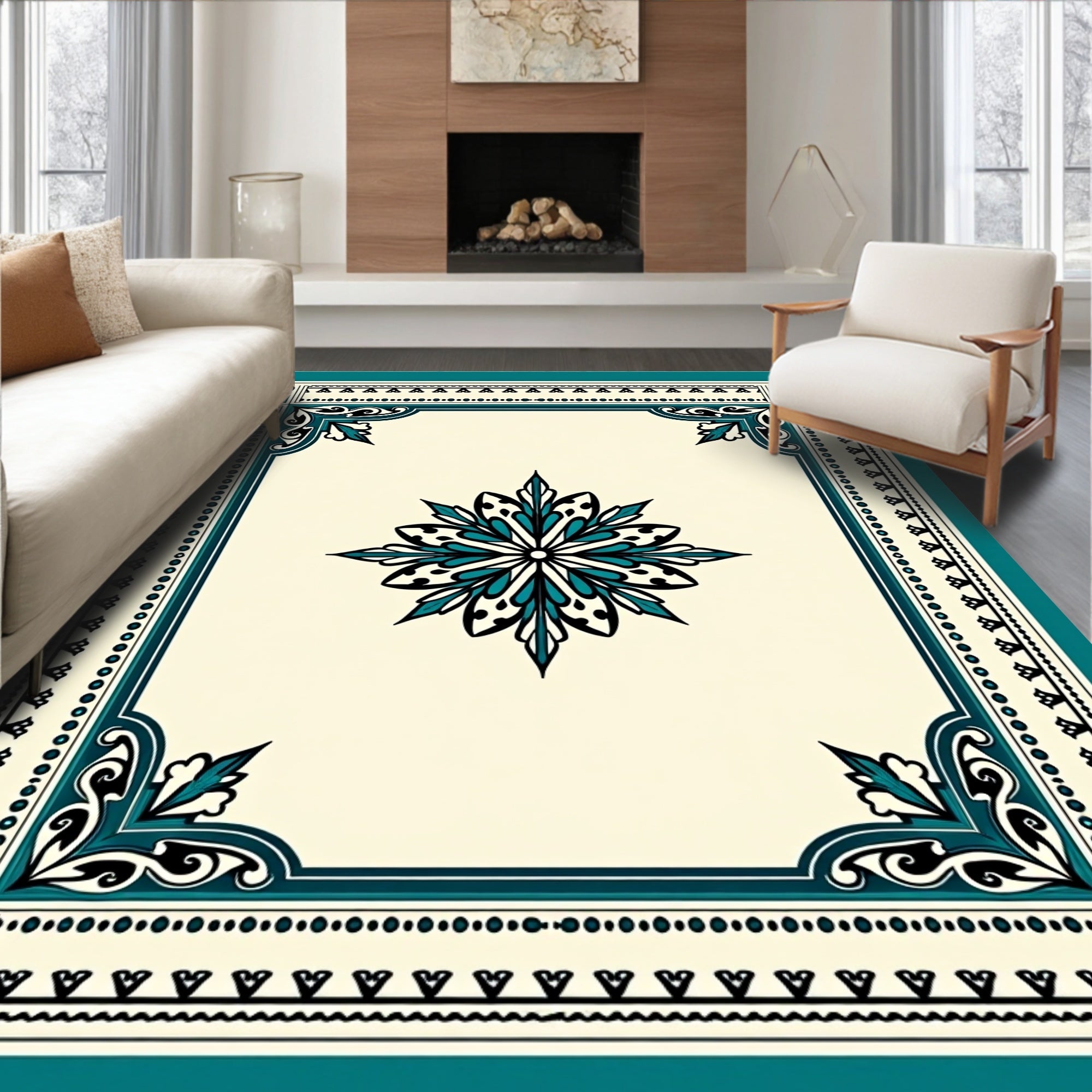Teal Floral Medallion Border Rug