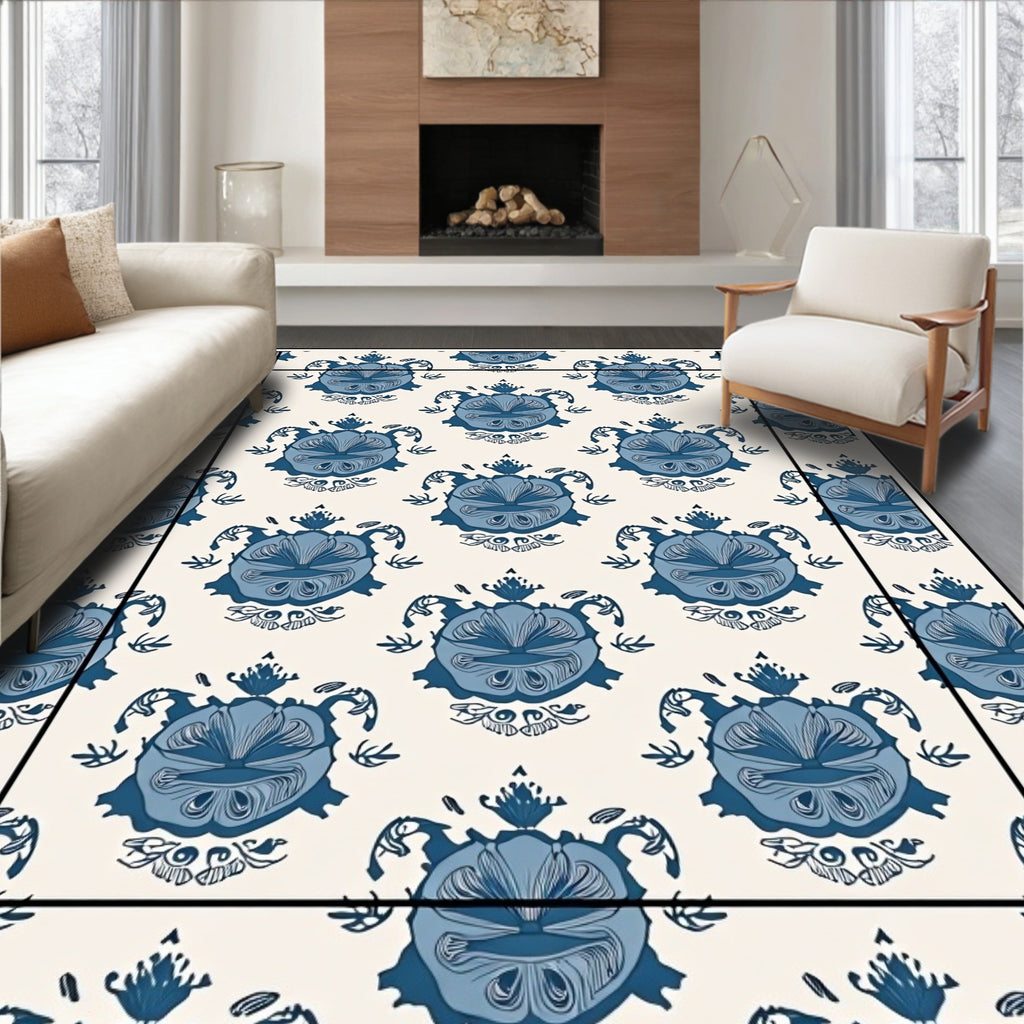Blue Floral Damask Pattern Rug