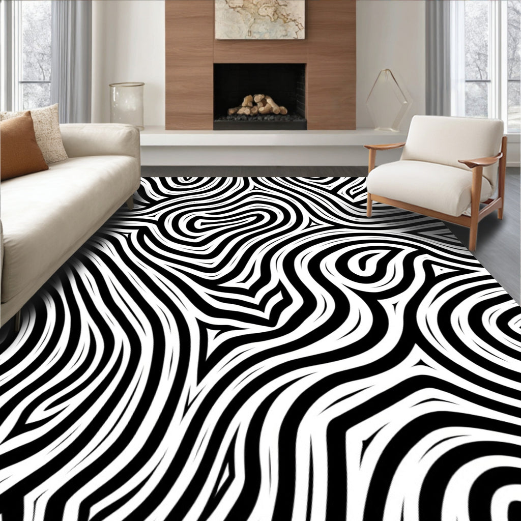 Bold Black White Abstract Swirls Rug