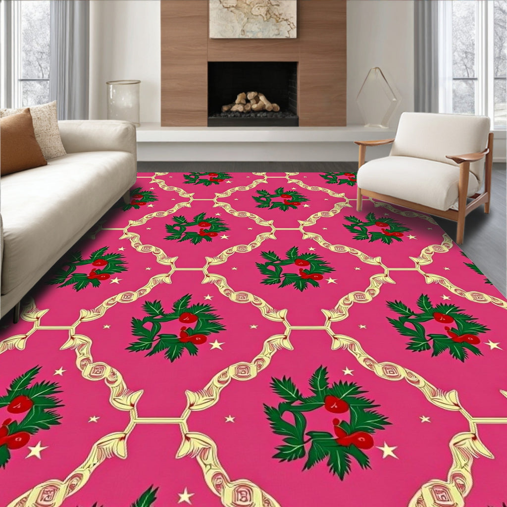 Pink Holly Berry Wreath Lattice Rug