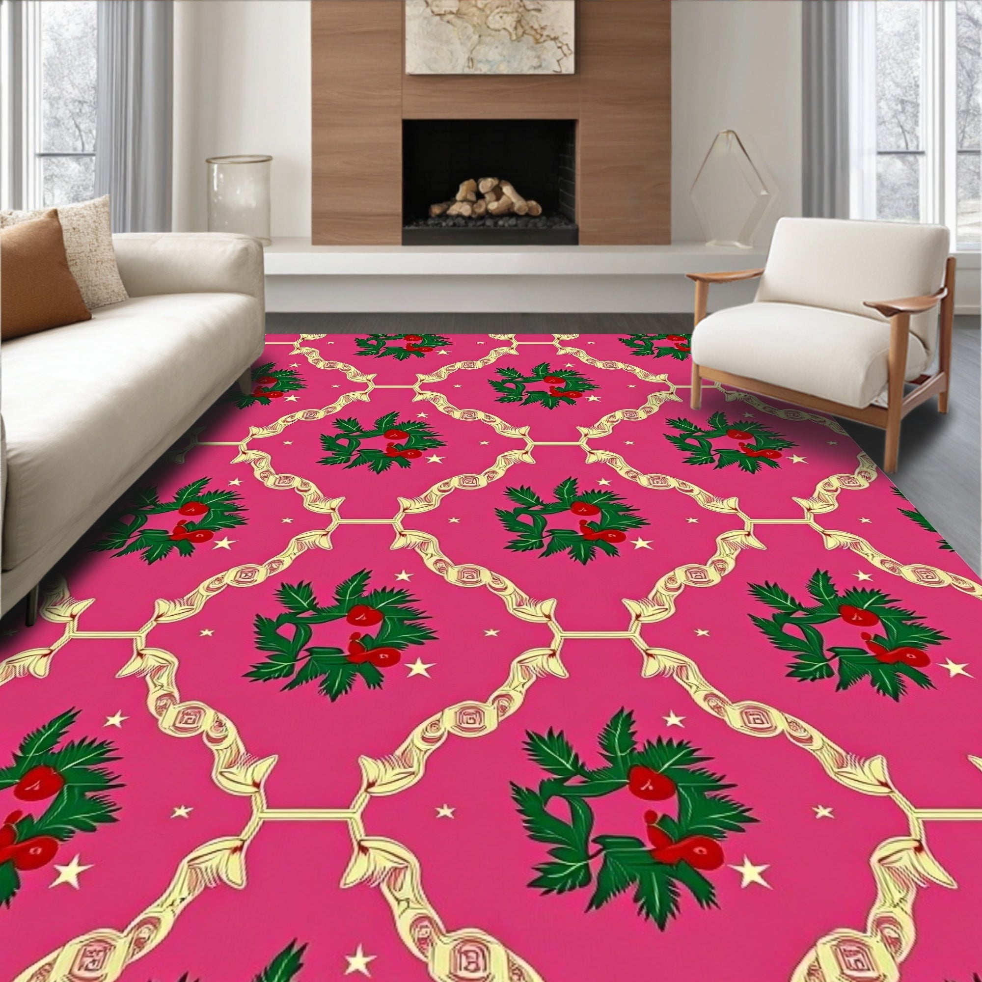 Pink Holly Berry Wreath Lattice Rug
