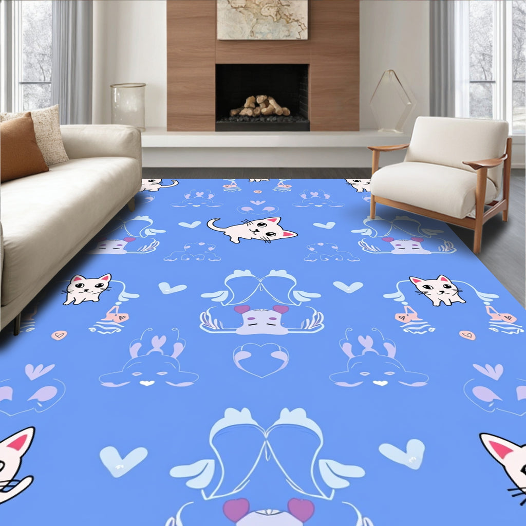 Playful White Cats Hearts Pattern Rug