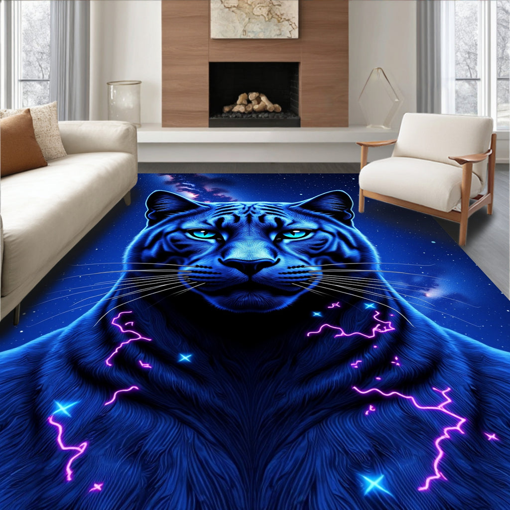 Cosmic Blue Feline Lightning Strikes Design Rug