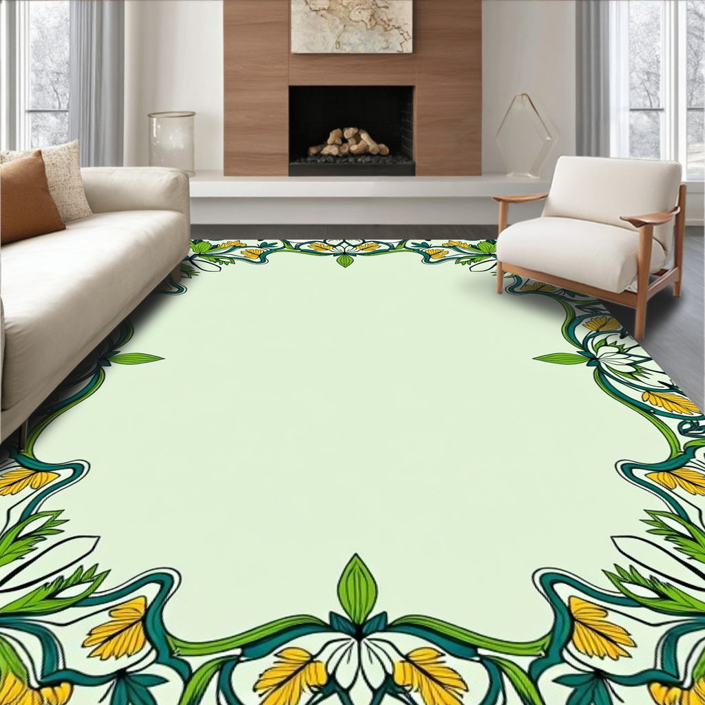 Green Yellow Floral Swirl Border Rug