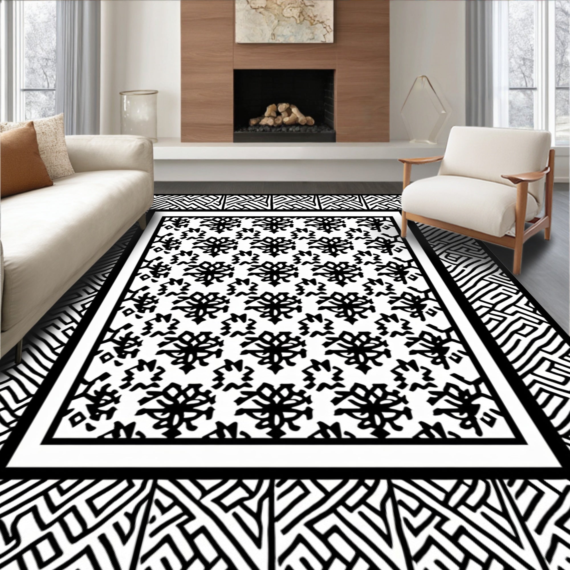 Monochrome Maze Floral Pattern Rug