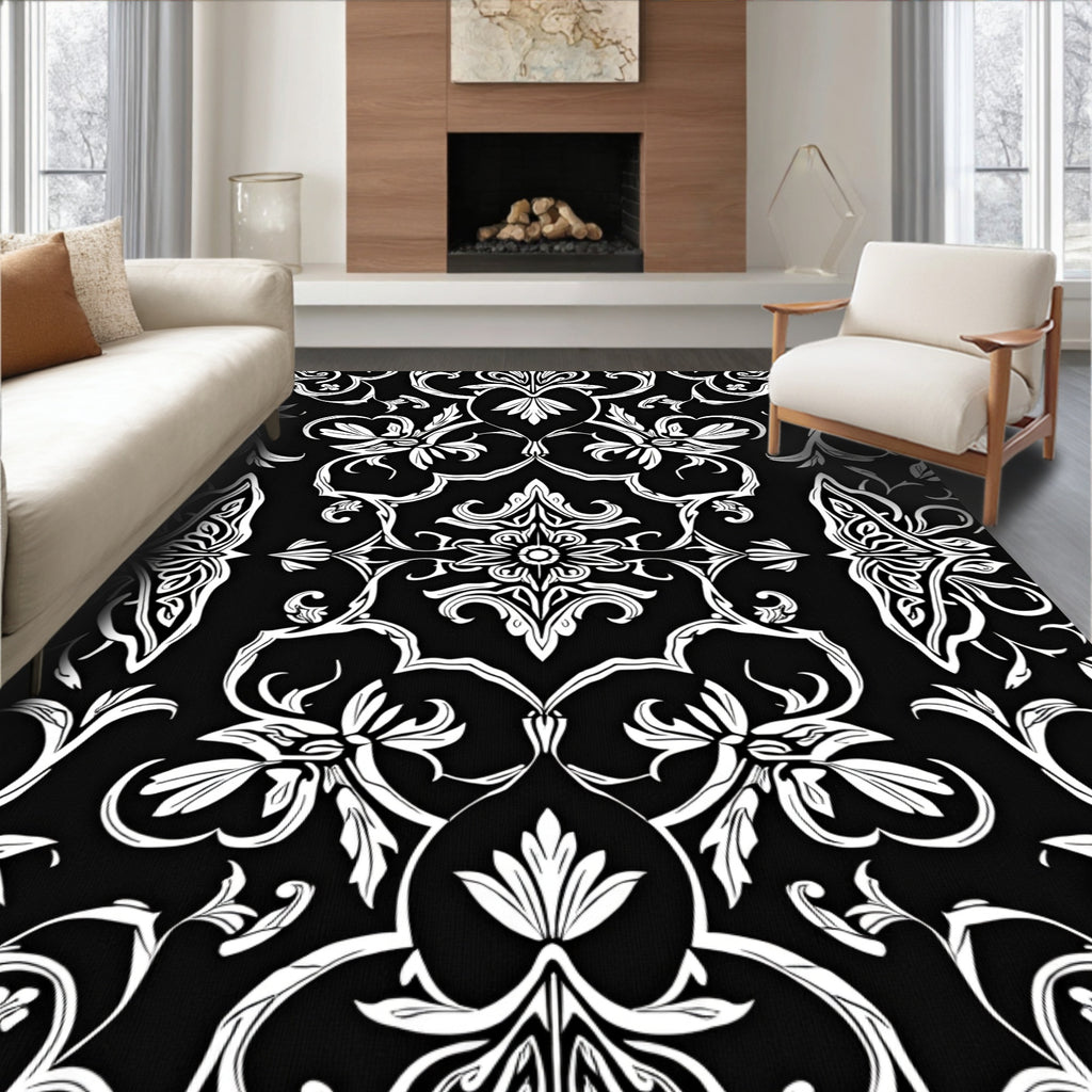 Classic Floral Paisley White On Black Rug