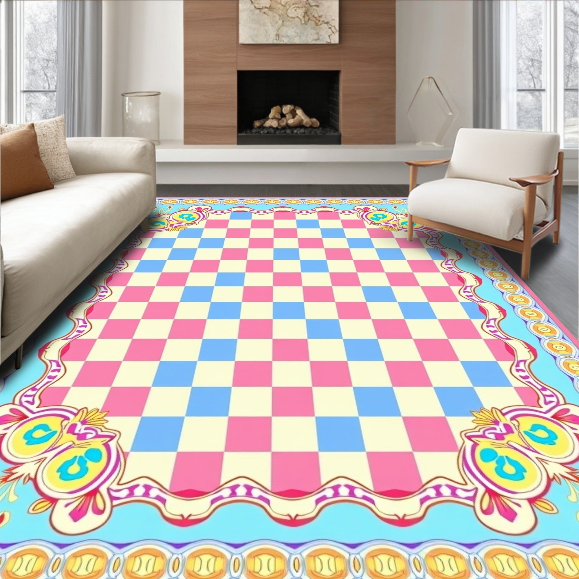 Whimsical Checkered Floral Design Rug