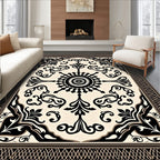 Ornate Black and Cream Scroll Pattern Rug