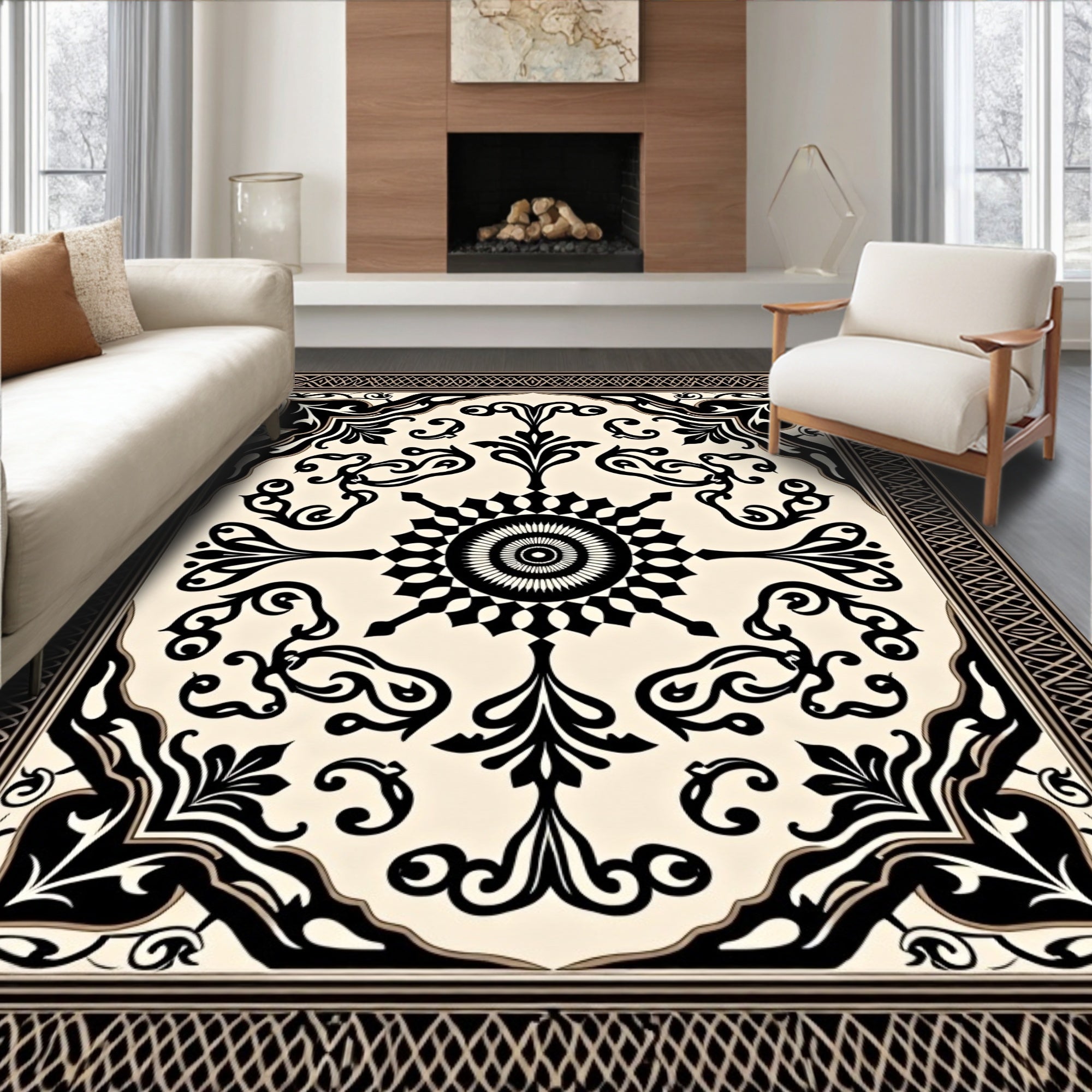 Ornate Black and Cream Scroll Pattern Rug