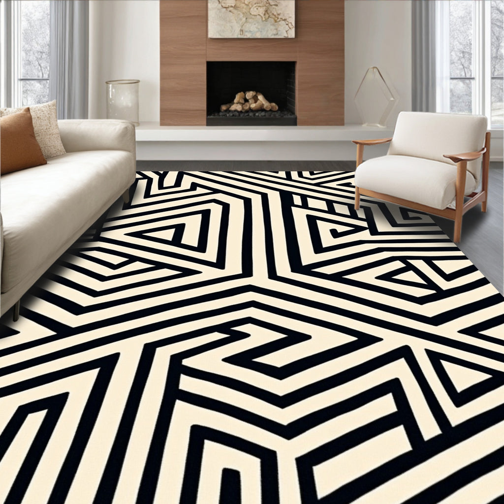 Abstract Geometric Black Stripe Pattern Rug