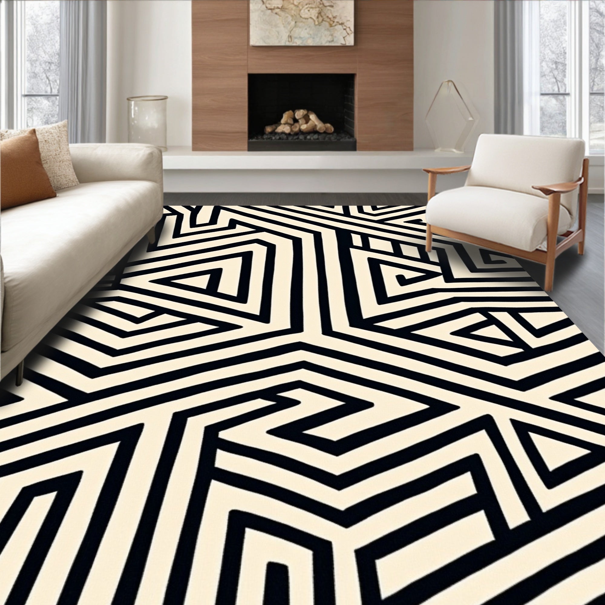 Abstract Geometric Black Stripe Pattern Rug