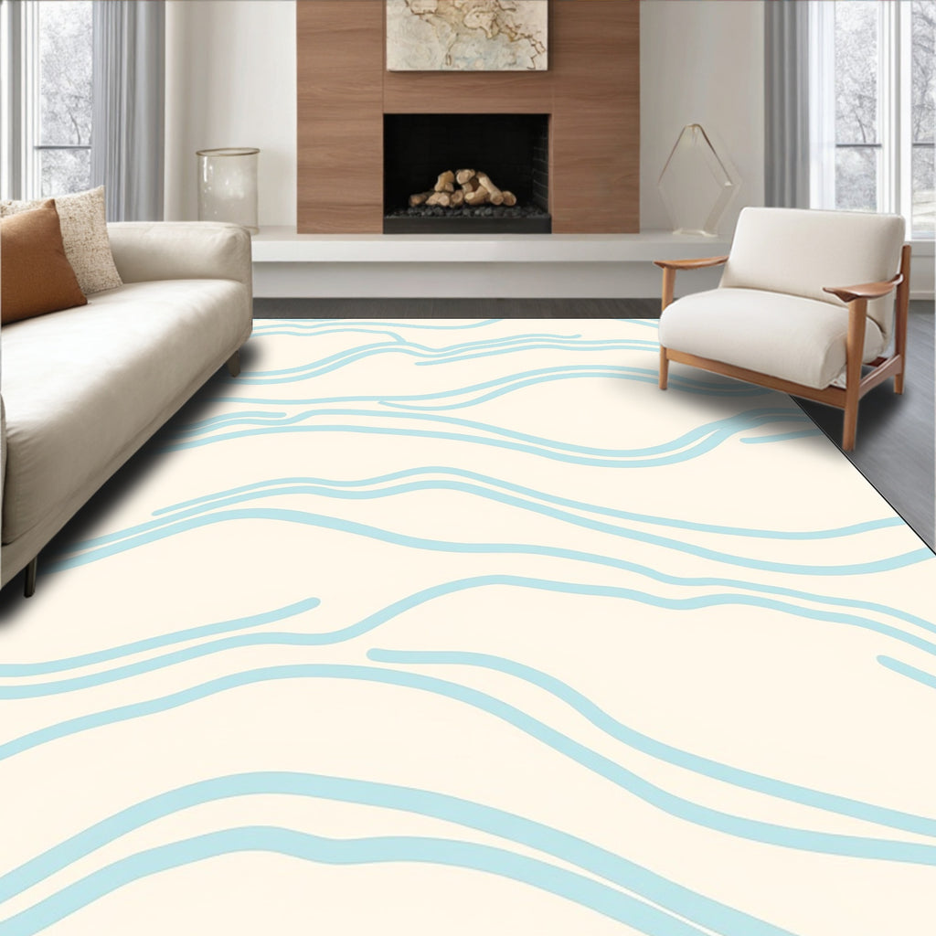 Abstract Cream Light Blue Wave Rug