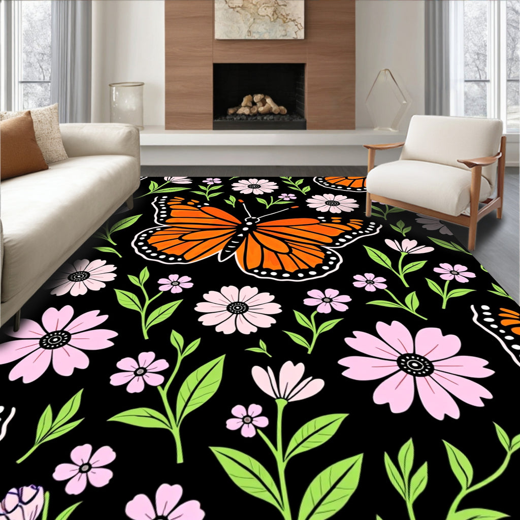 Monarch Butterfly Floral Pattern Rug
