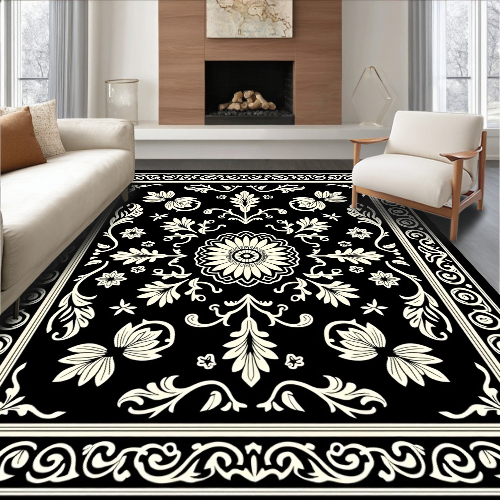 Elegant Black Floral Scrollwork Design Rug