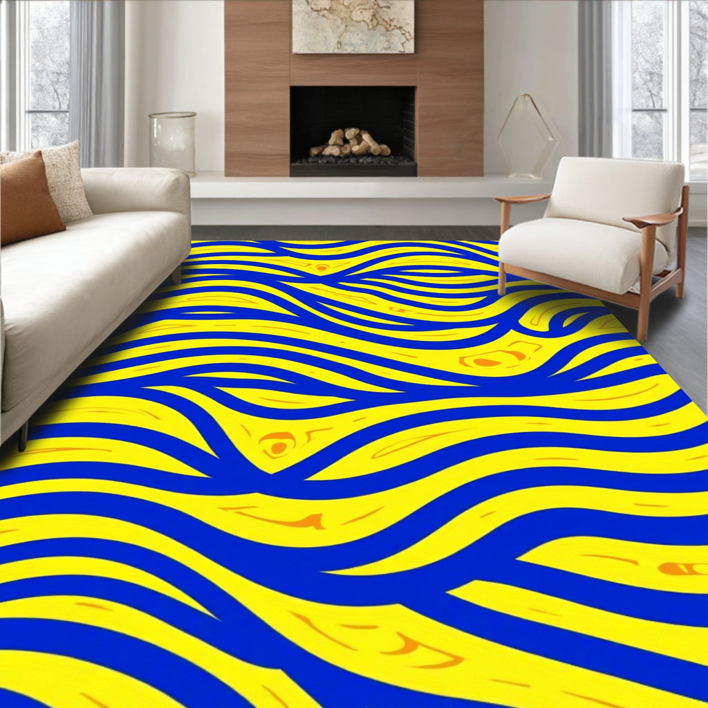 Bold Blue Yellow Wavy Pattern Rug