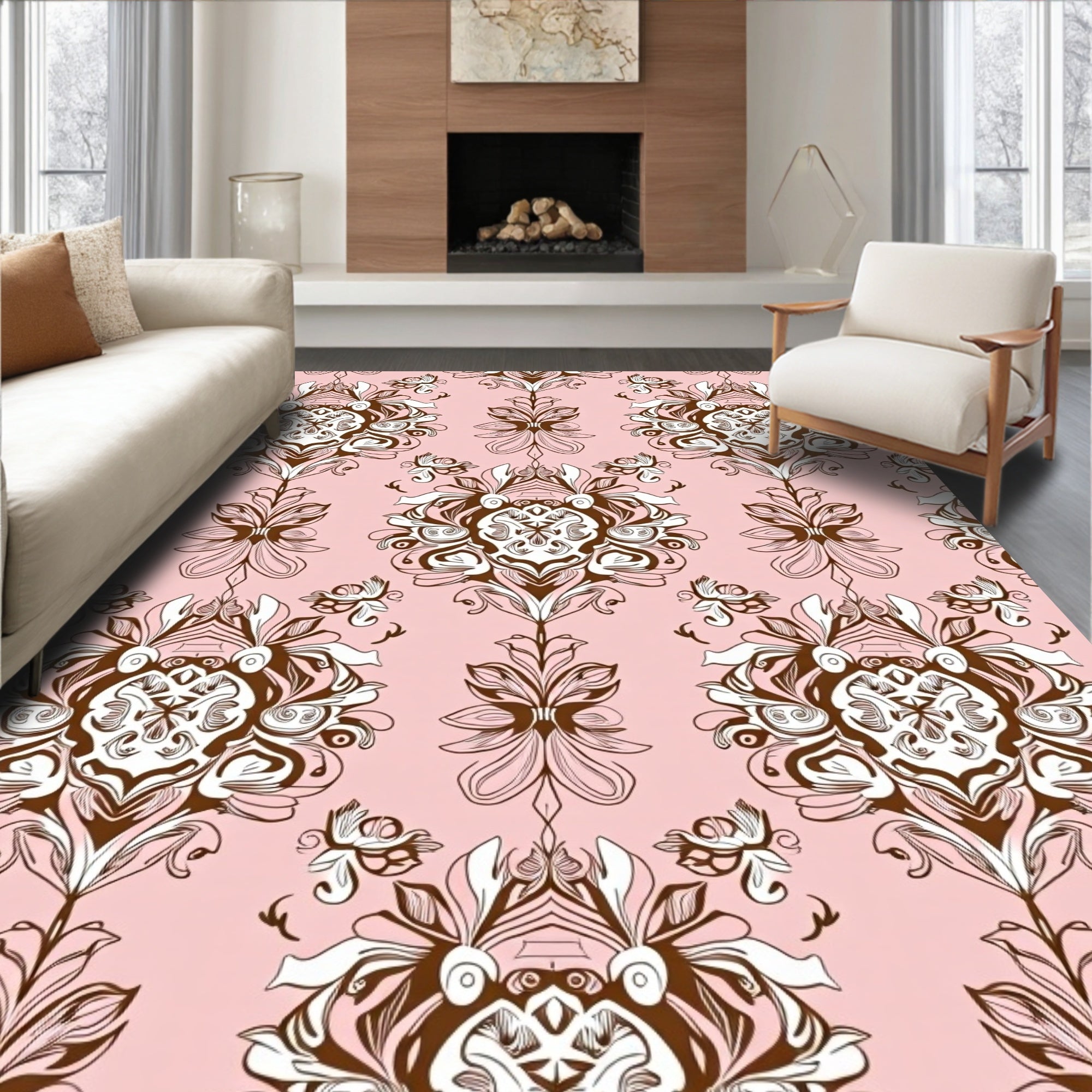 Ornate Floral Swirl Pink Pattern Rug