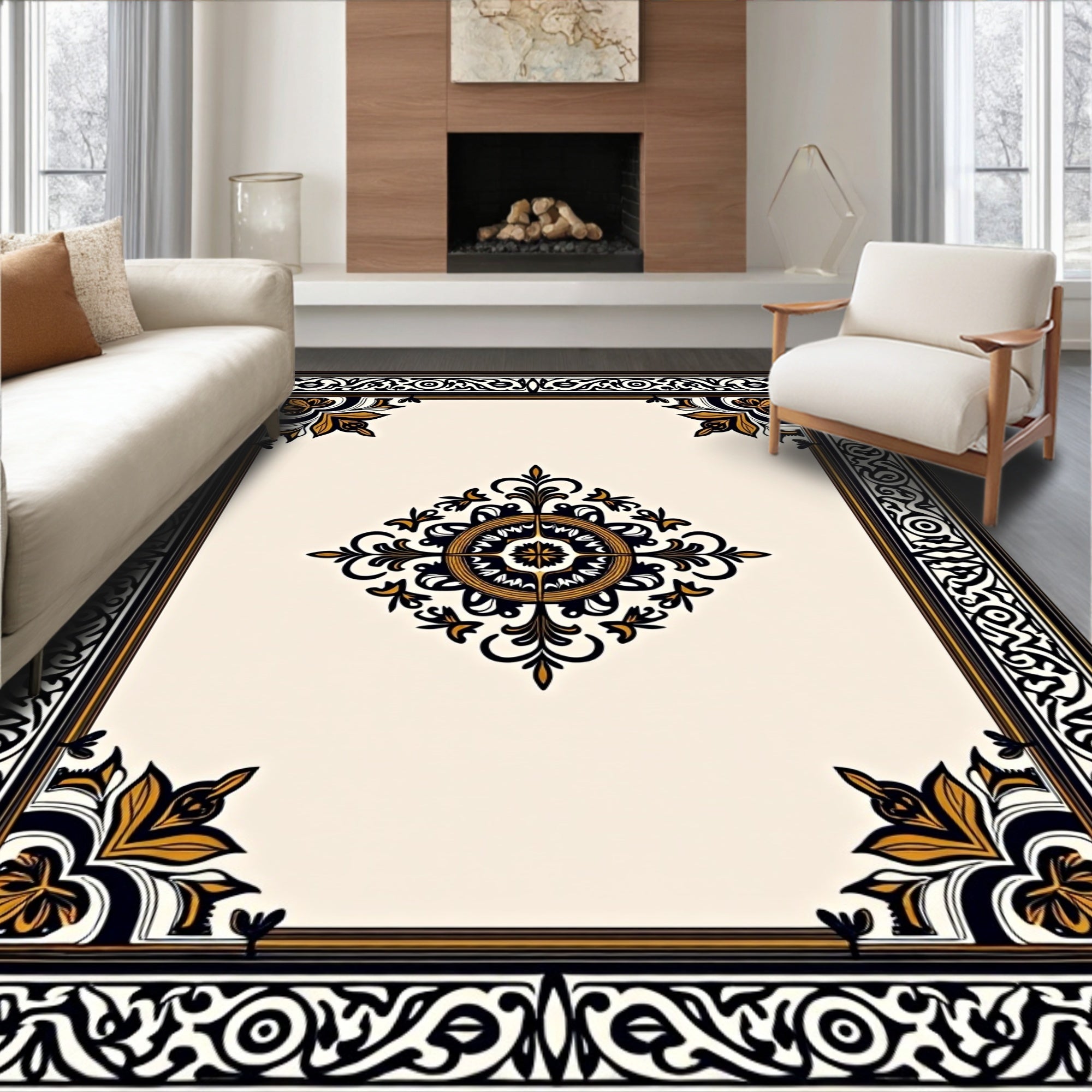 Elegant Black Gold Floral Border Design Rug