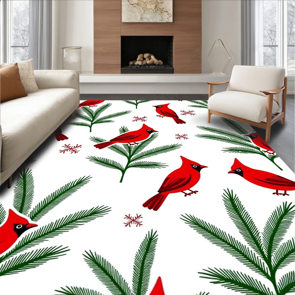 Red Cardinal Winter Evergreen Snowflakes Rug