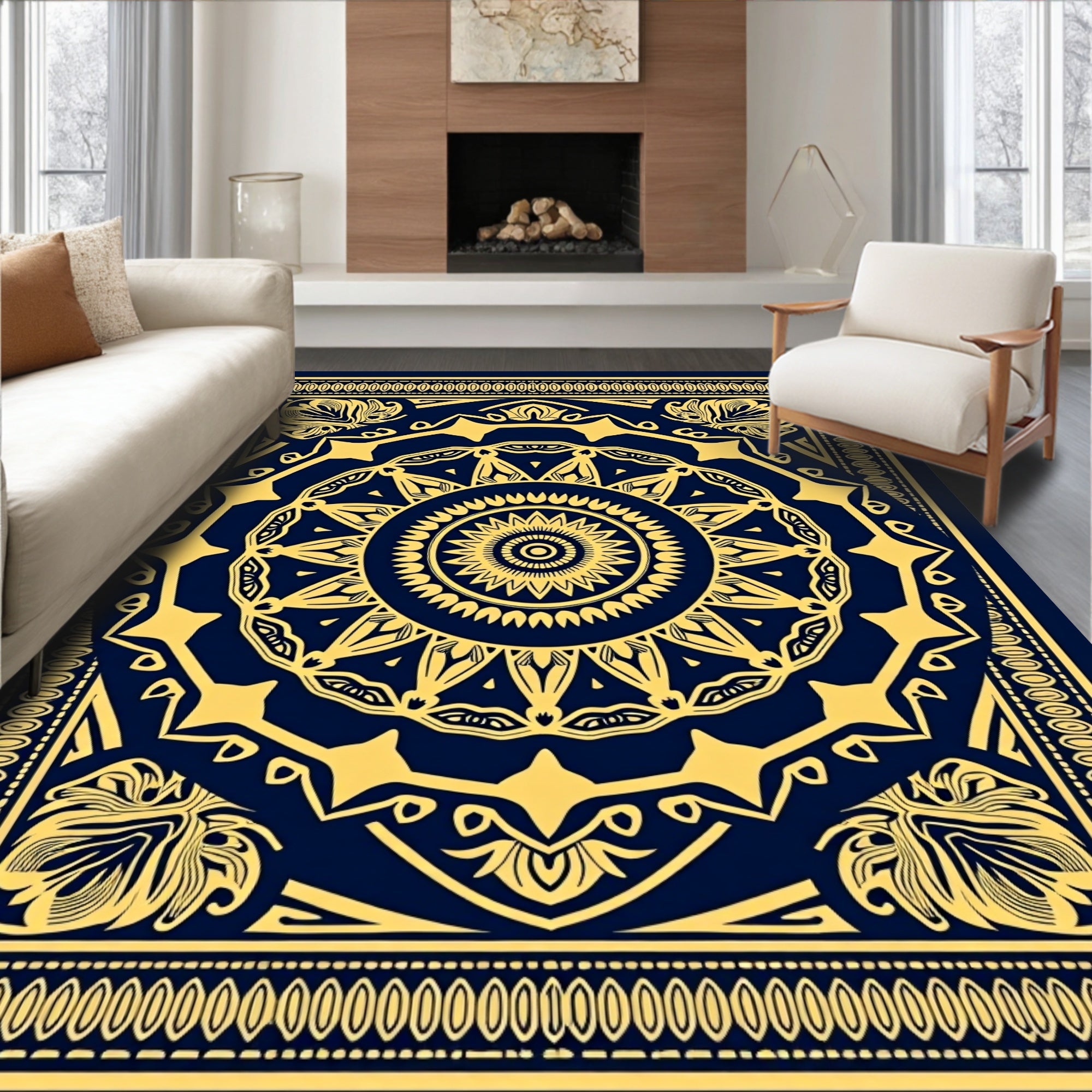 Intricate Gold Mandala Pattern Rug