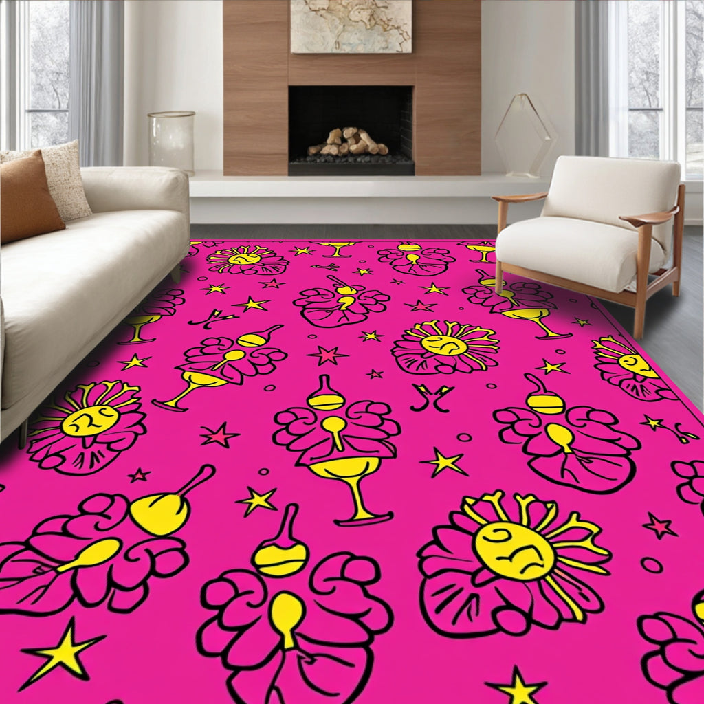 Whimsical Pink Yellow Floral Star Design Rug