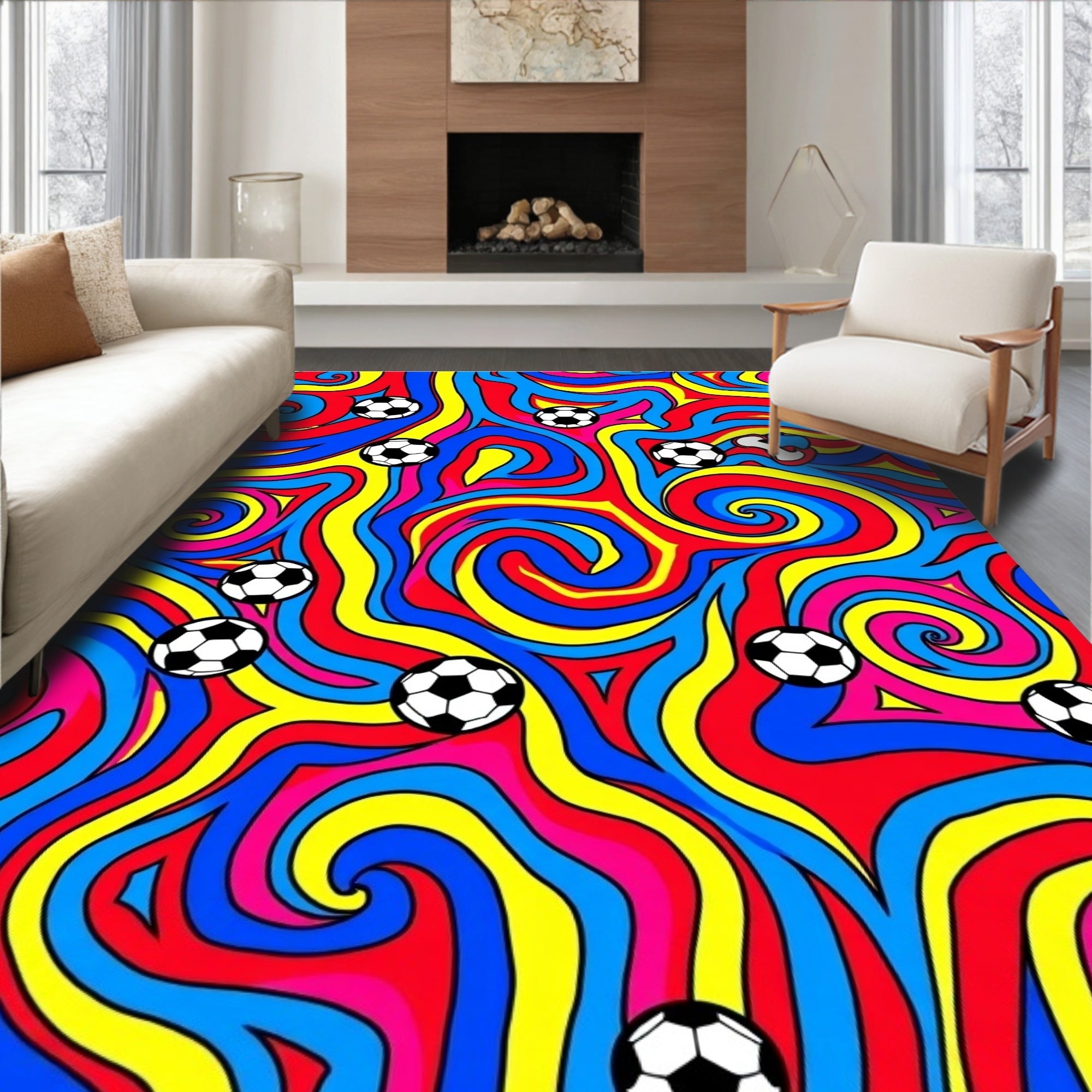 Vibrant Soccer Balls Swirl Pattern Rug