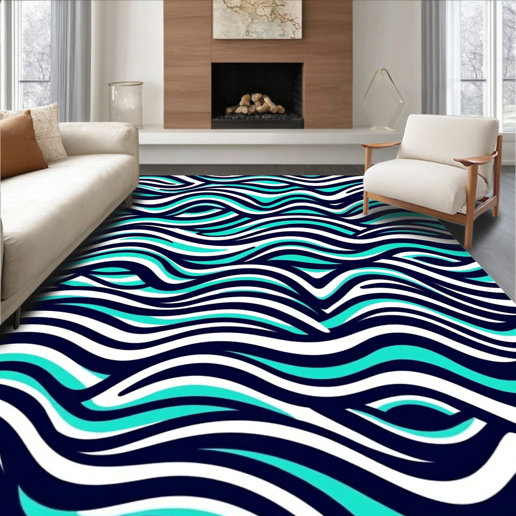Abstract Aqua Wave Pattern Rug