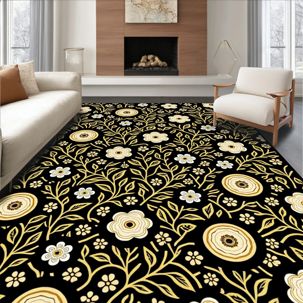 Elegant Floral Vines Black Gold Rug
