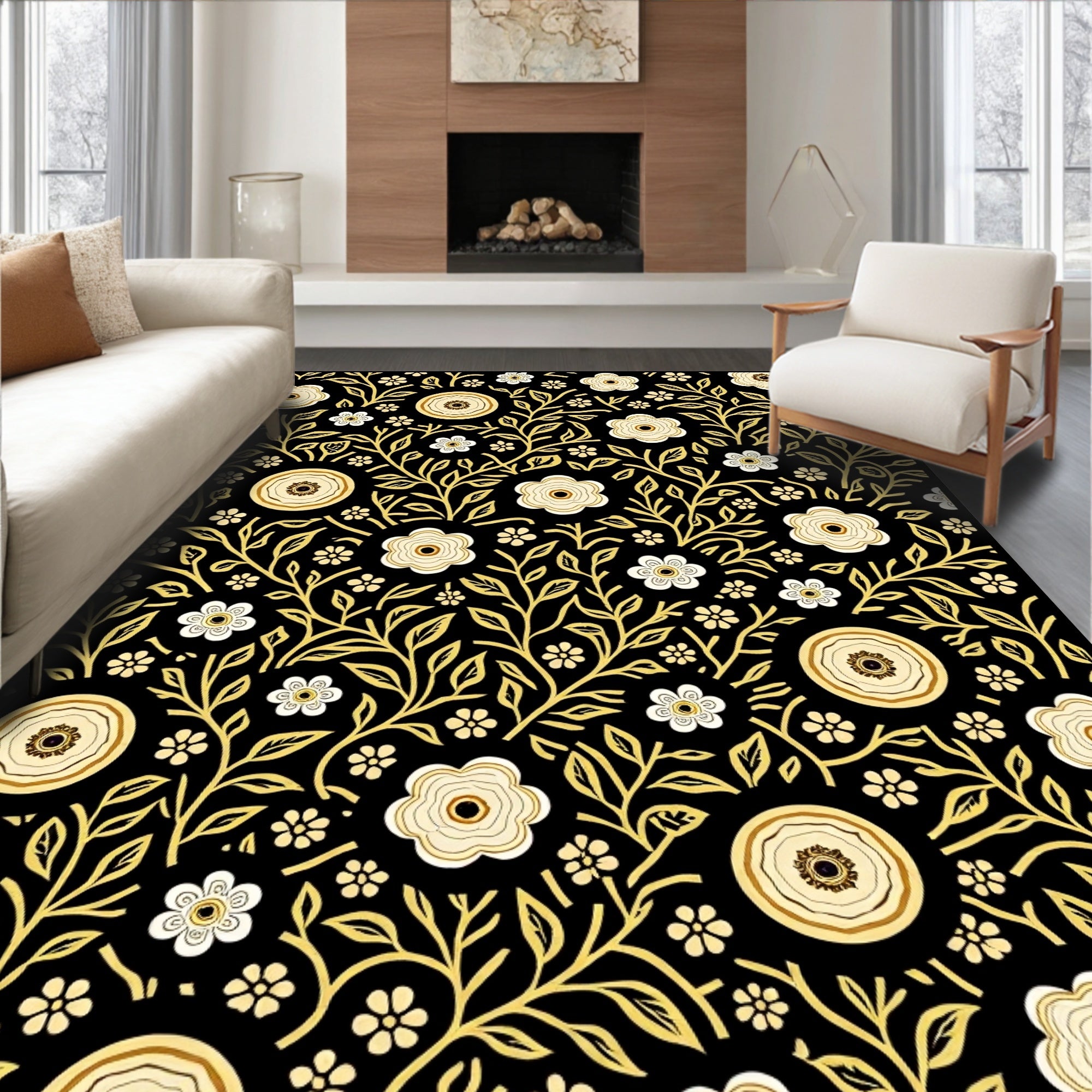 Elegant Floral Vines Black Gold Rug