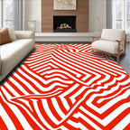Red White Wavy Geometric Design Rug