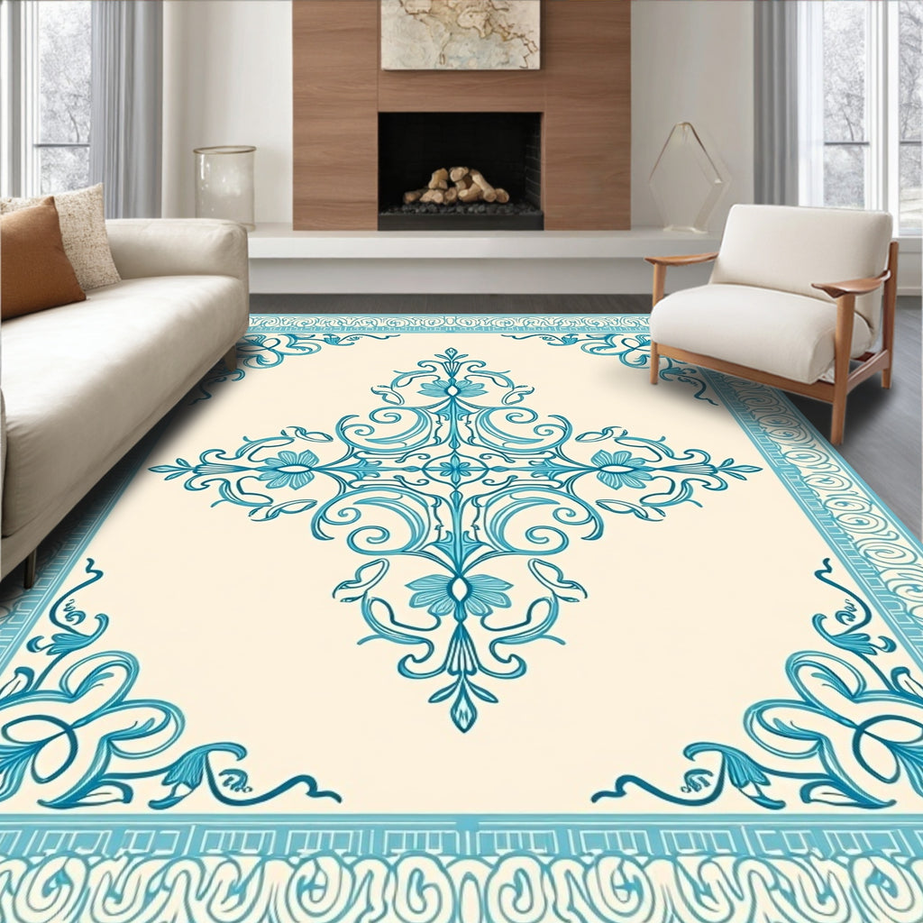 Ornate Teal Floral Border Design Rug
