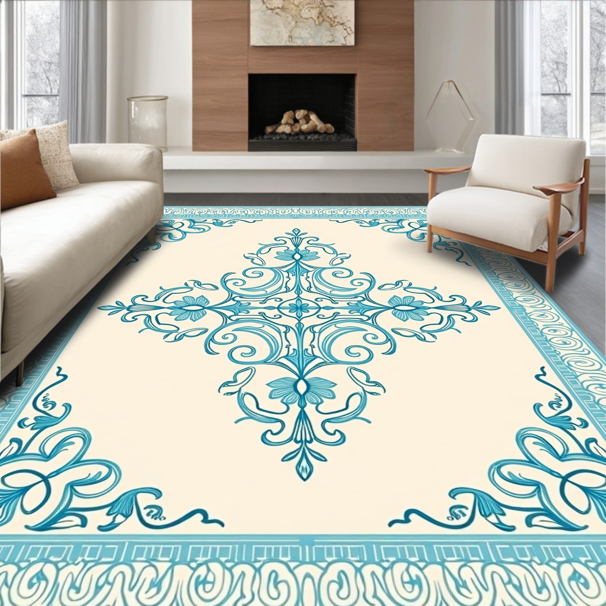Ornate Teal Floral Border Design Rug