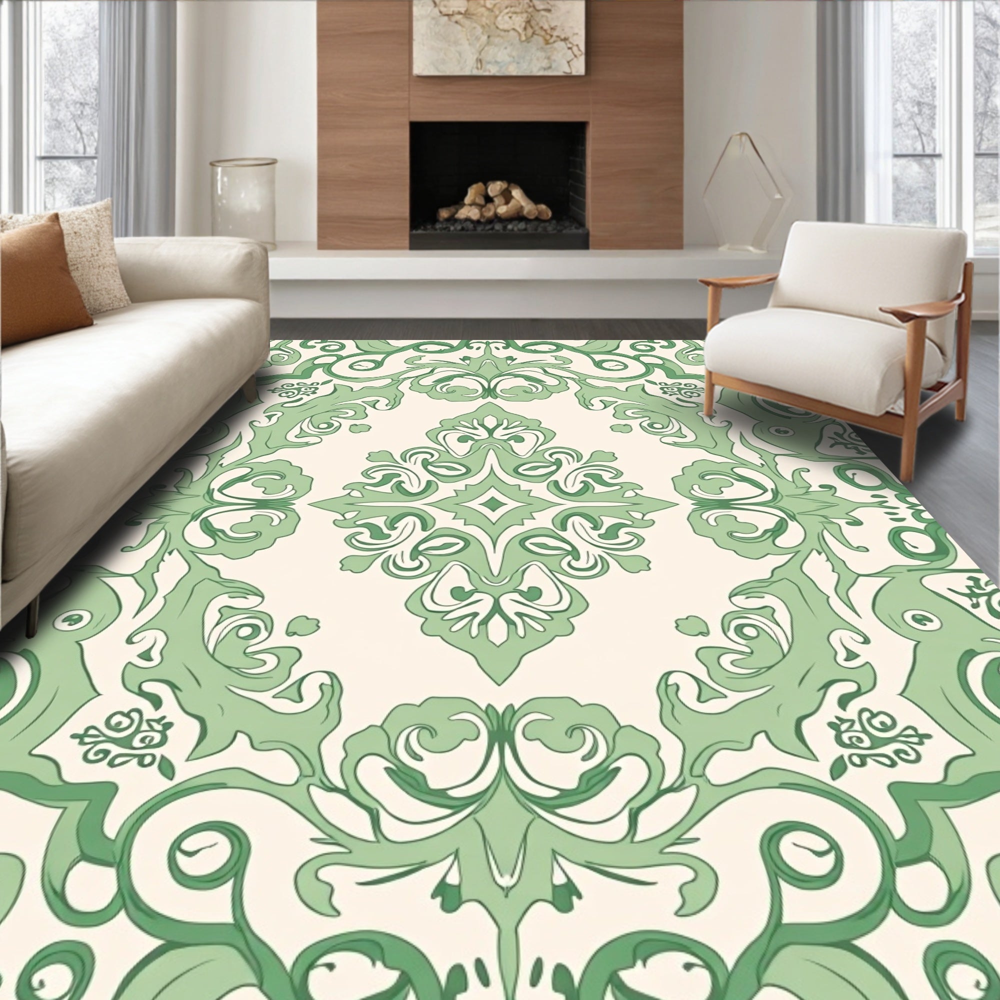 Green Swirls Classic Damask Pattern Rug