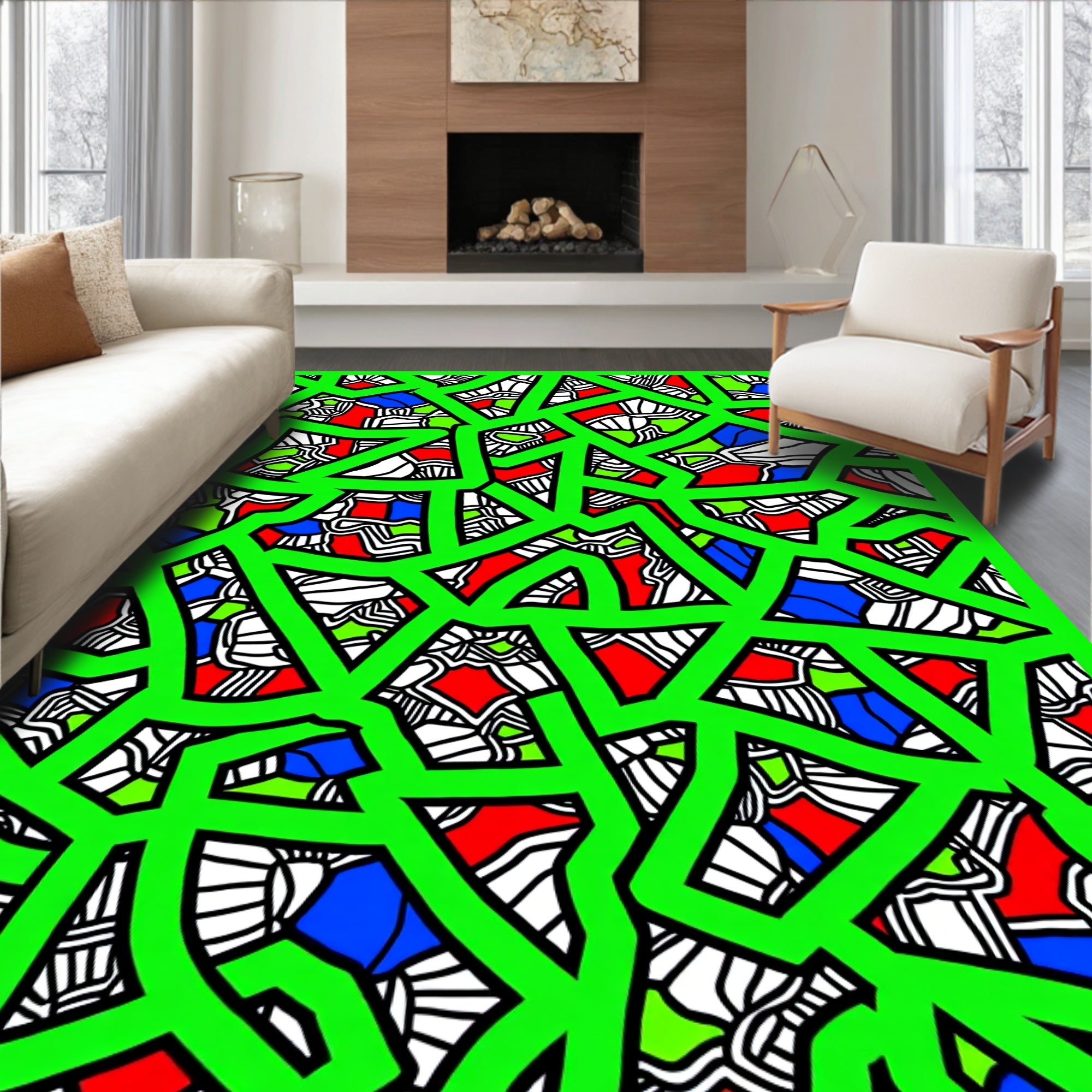 Vibrant Green Abstract Geometric Collage Rug