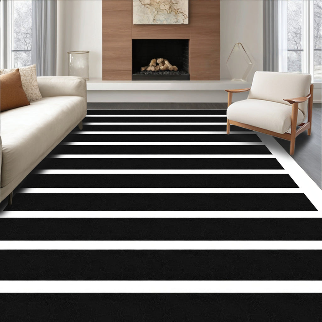 Modern Black White Striped Rug