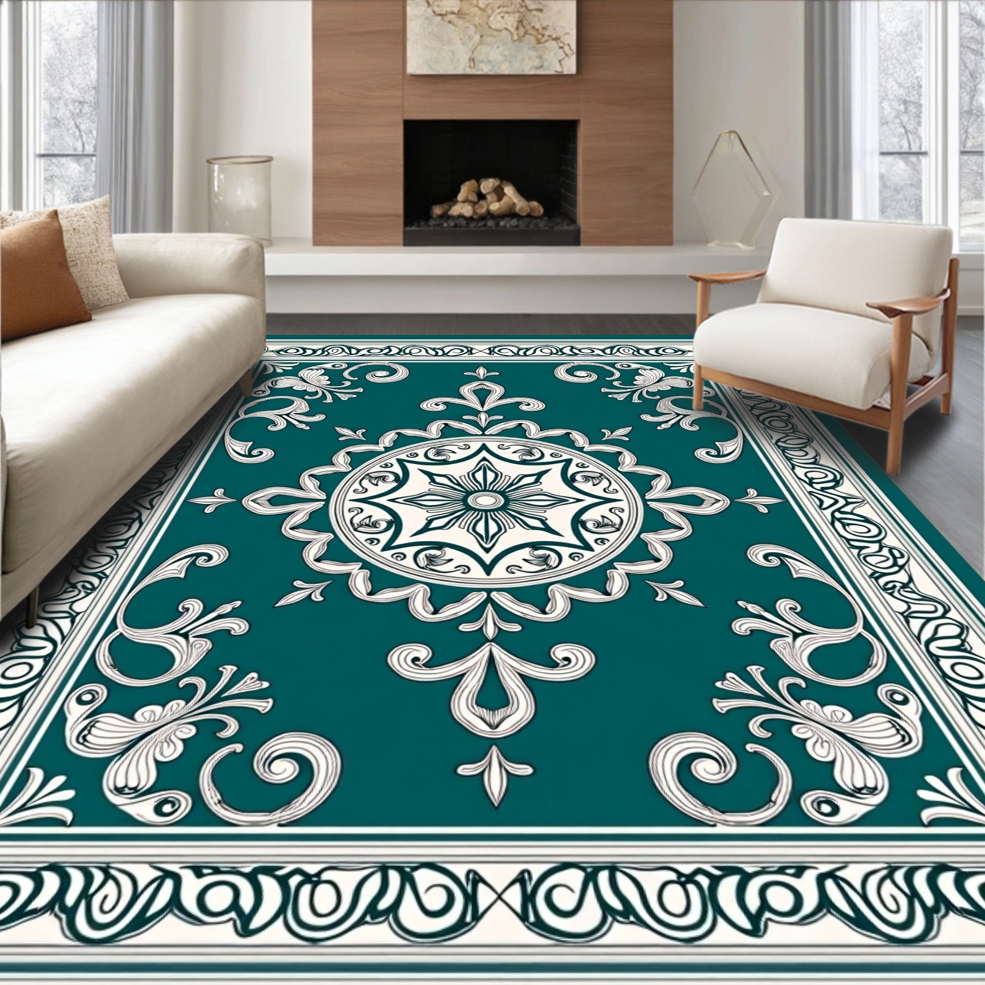 Classic Teal Floral Medallion Design Rug