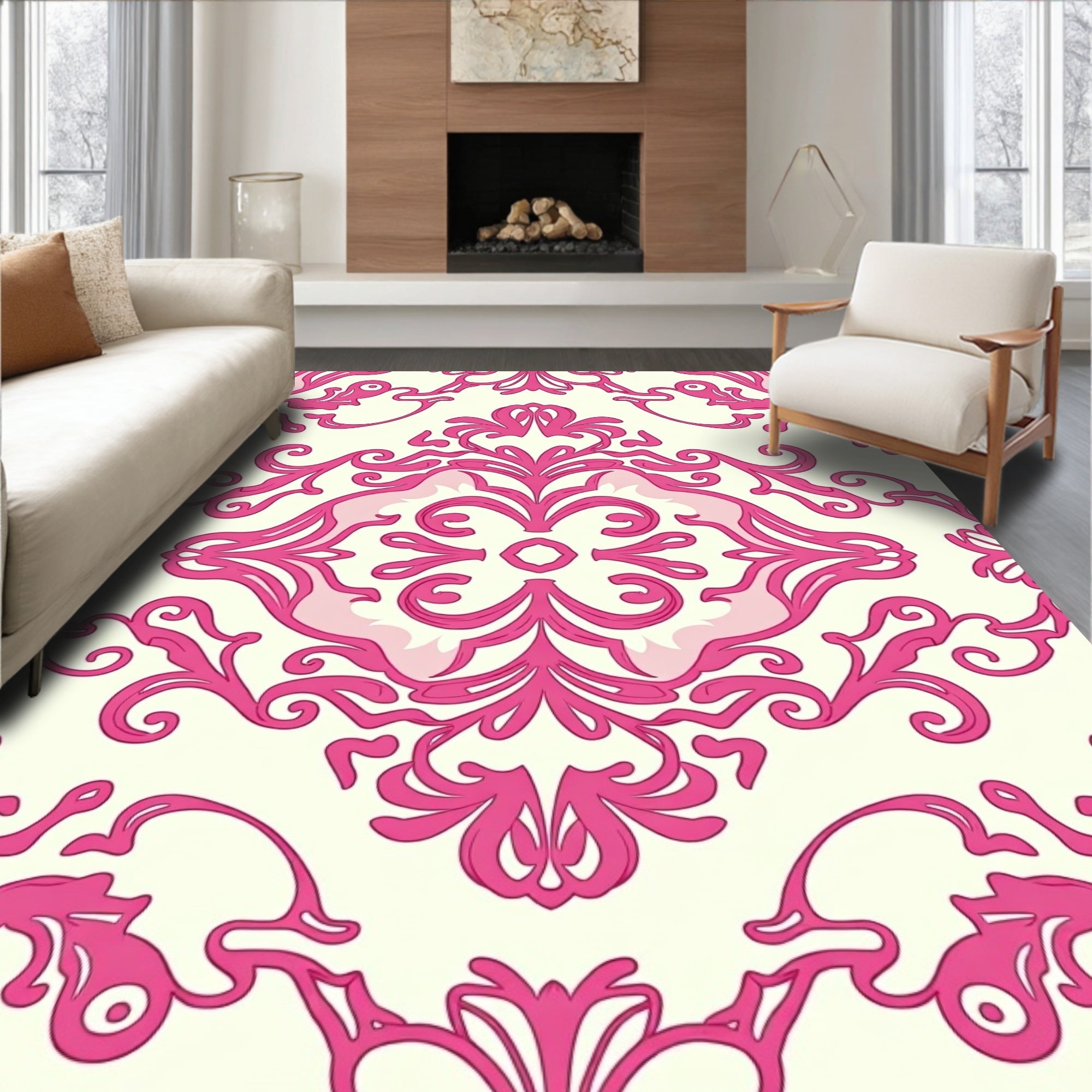 Ornate Damask Pink Floral Pattern Rug