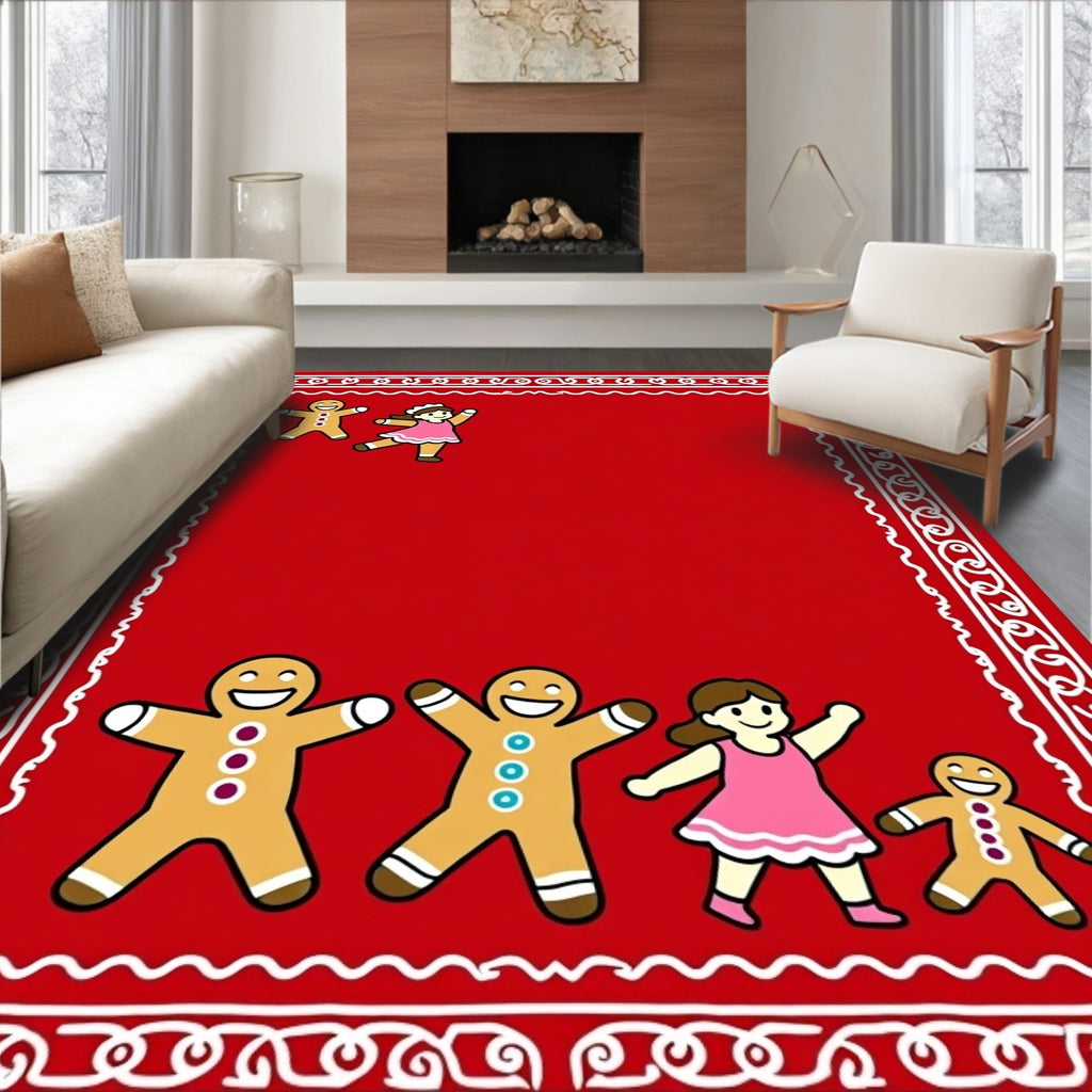 Red Gingerbread Family Border Art Rug