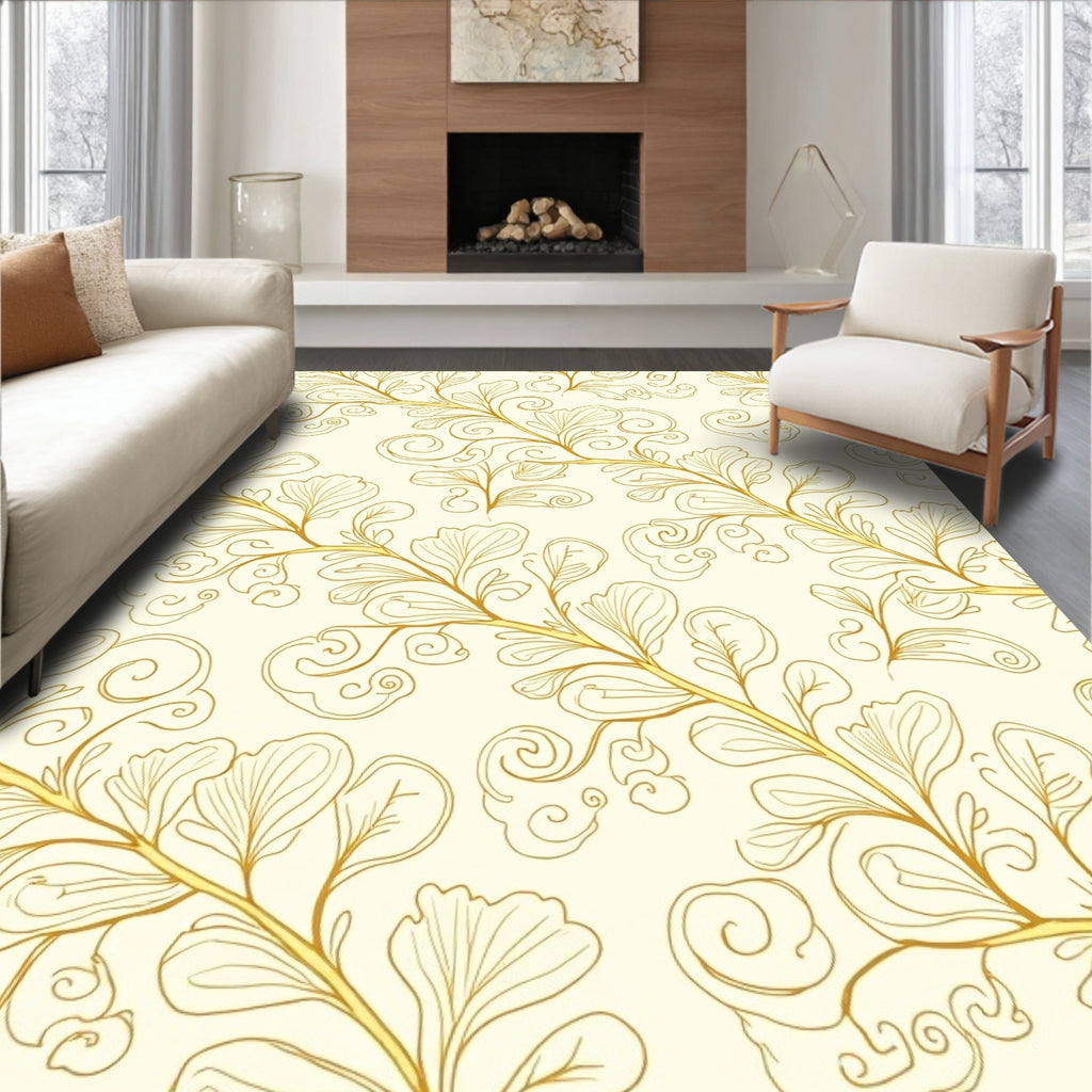 Elegant Golden Swirl Leaf Pattern Rug