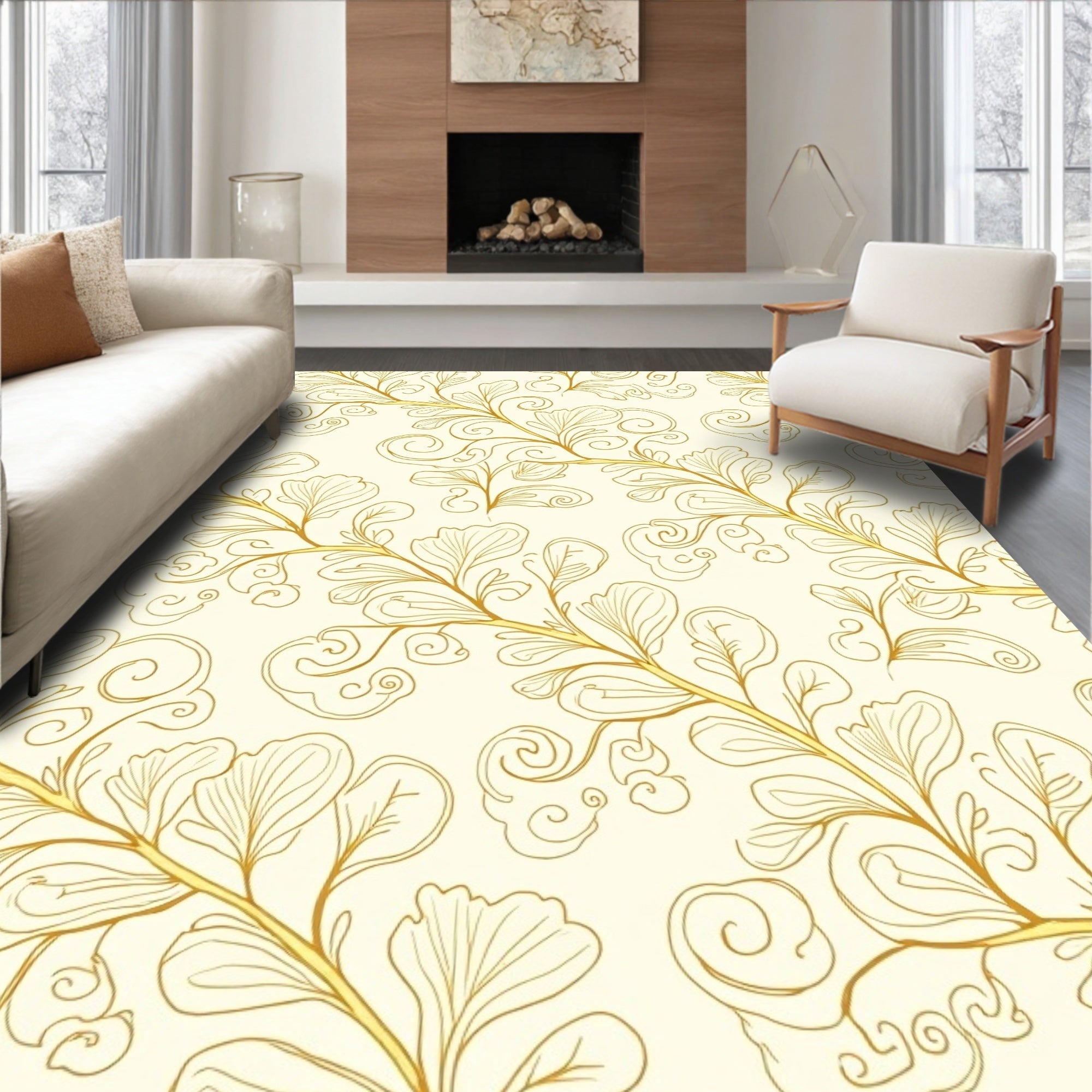 Elegant Golden Swirl Leaf Pattern Rug