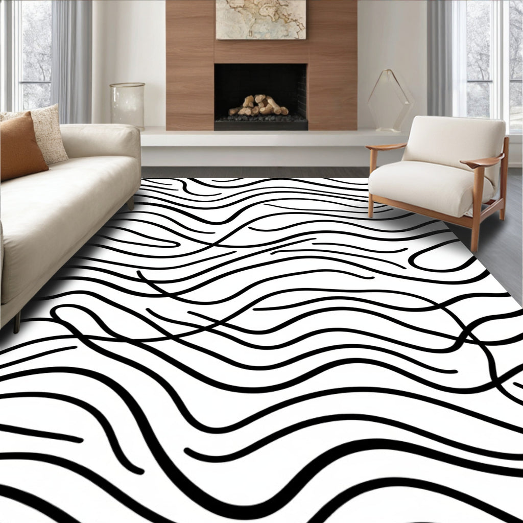Abstract Black Wavy Line Pattern Rug