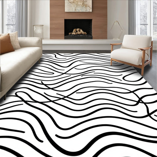 Abstract Black Wavy Line Pattern Rug