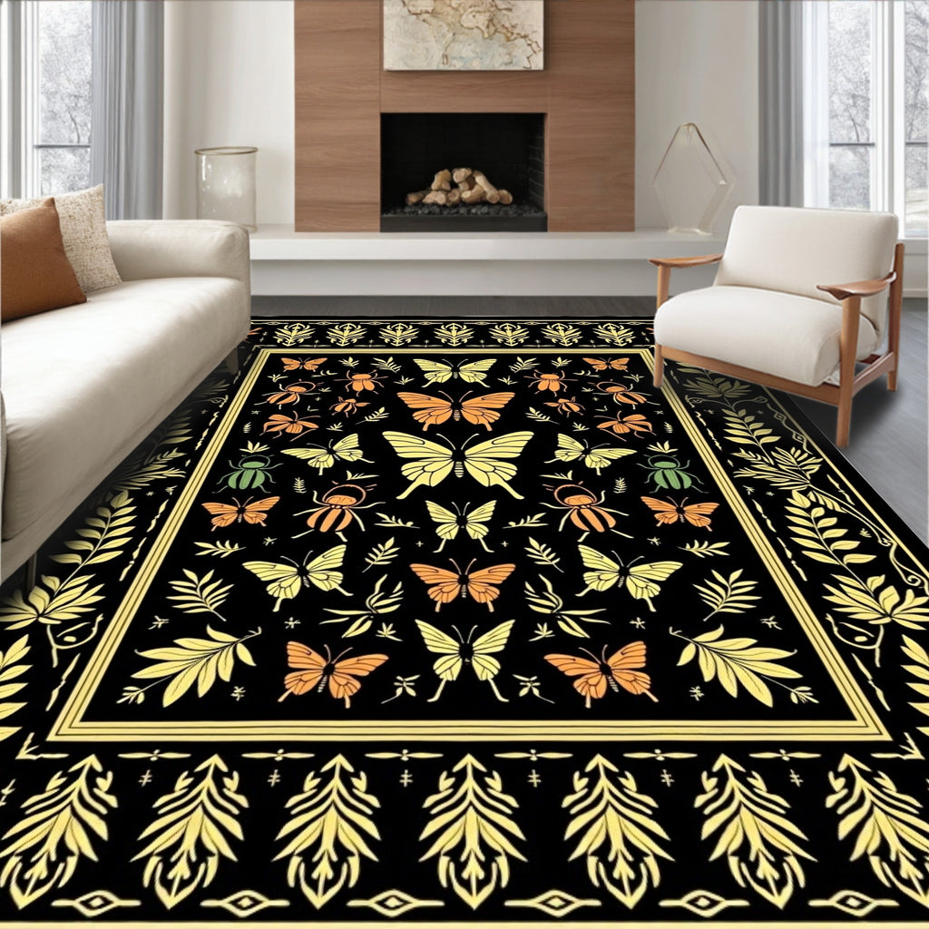 Whimsical Butterfly Insect Garden Black Orange Rug