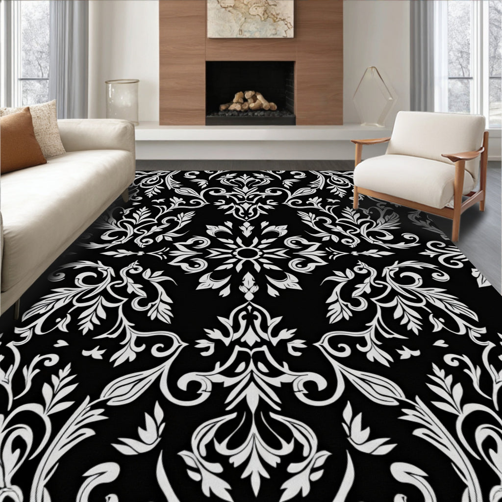 Black White Floral Damask Pattern Rug